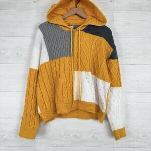 POL Chunky Cable Knit Colorblock Sweater Women S Hooded Yellow White Spring Twee